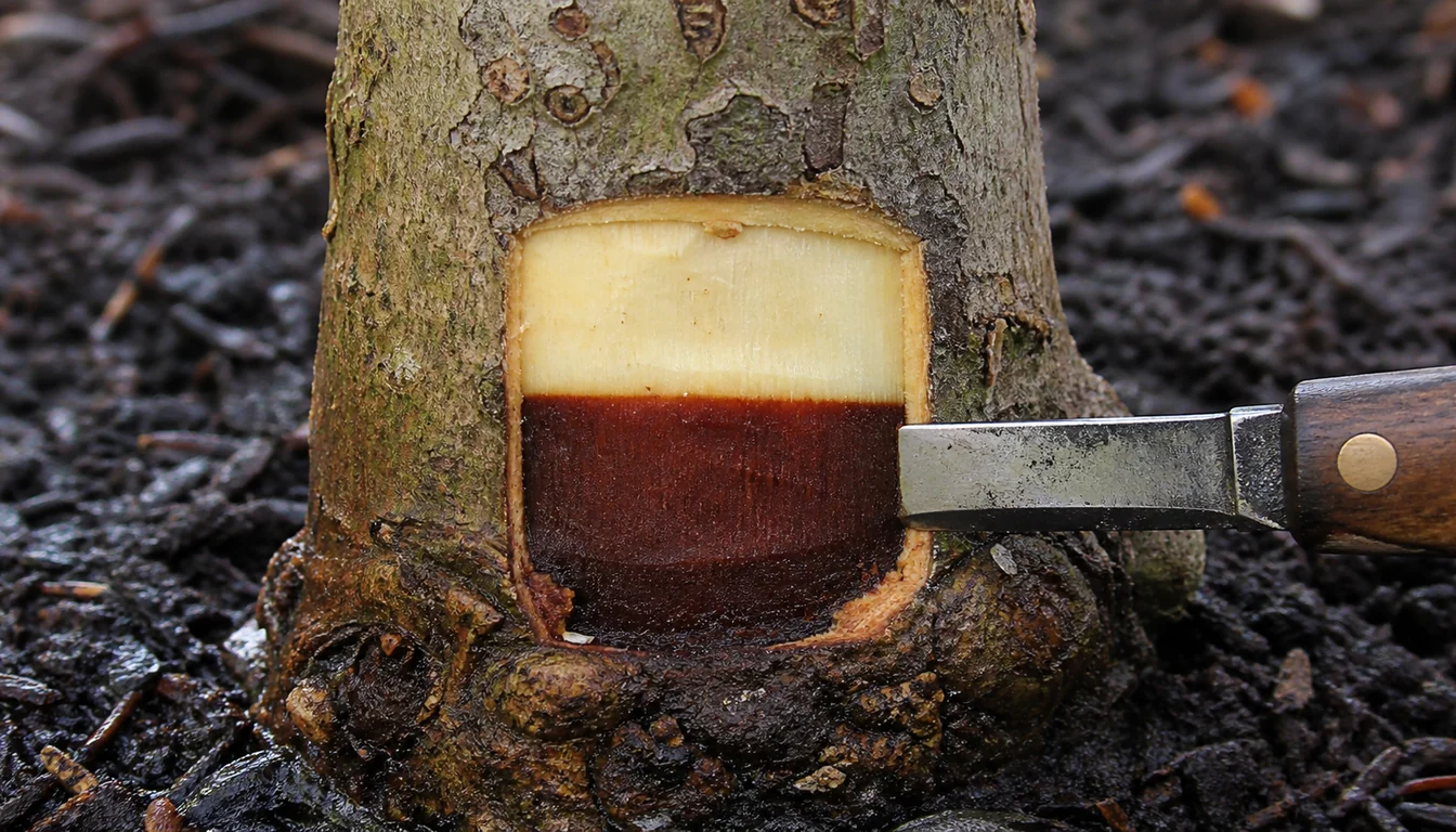 Bark cut away at the base of a rhododendron stem showing reddish brown stained tissue below and creamy white healthy tissue above, meeting at a sharp line