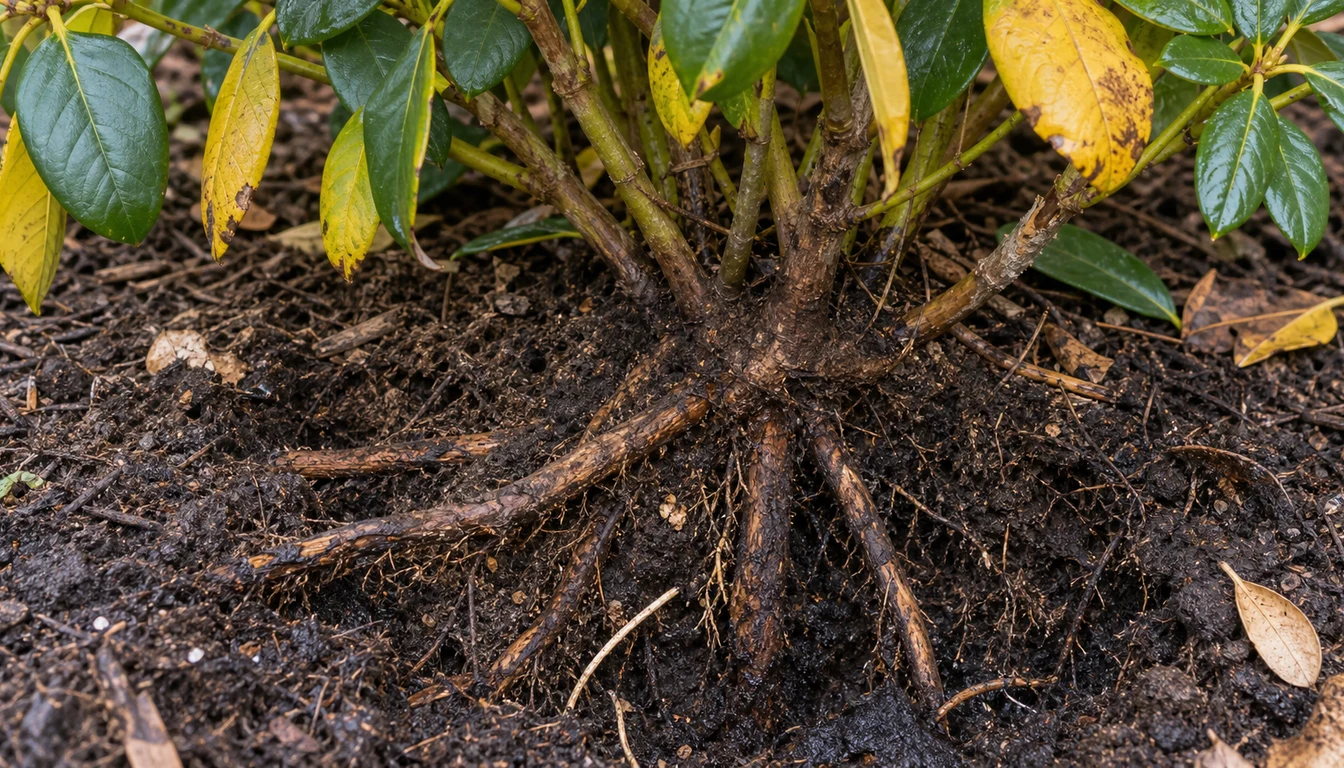 The base of a rhododendron with dark brown roots exposed in wet soil and yellowing leaves on the shoots above