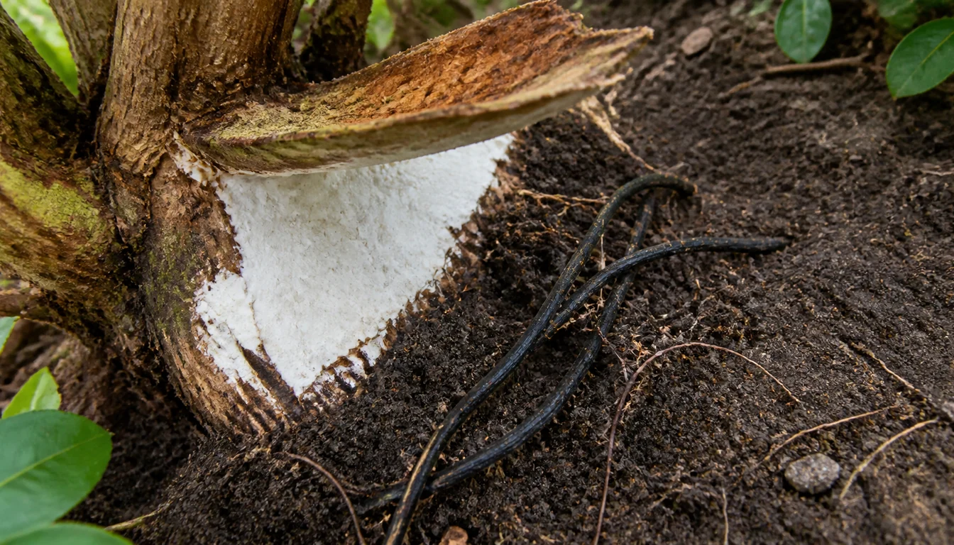 Bark lifted from the base of a rhododendron stem showing a flat white sheet of fungal growth spread across the wood, with black bootlace strands running through the soil beside it