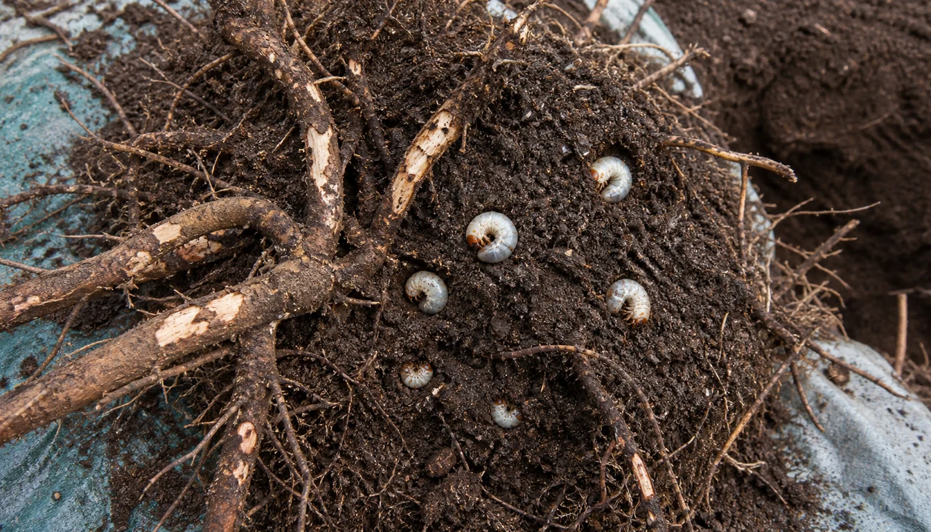 An opened rhododendron root ball with several white legless grubs curled in a C shape with tan brown heads, beside roots whose bark has been stripped to bare pale wood