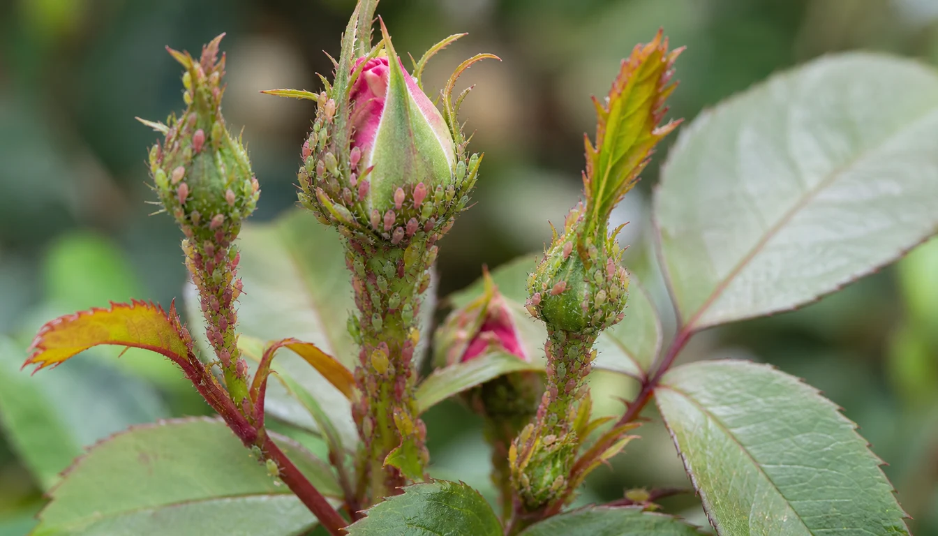 Dense green and pink aphids covering closed rose buds and red new stems