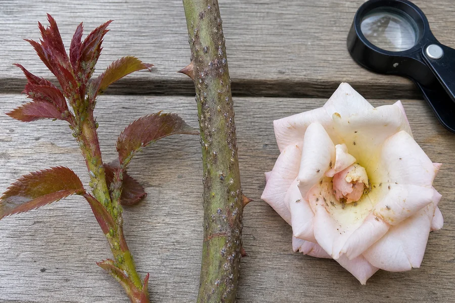 Rose shoot with aphids, older cane with small scale covers, and pale flower with tiny thrips on a potting bench