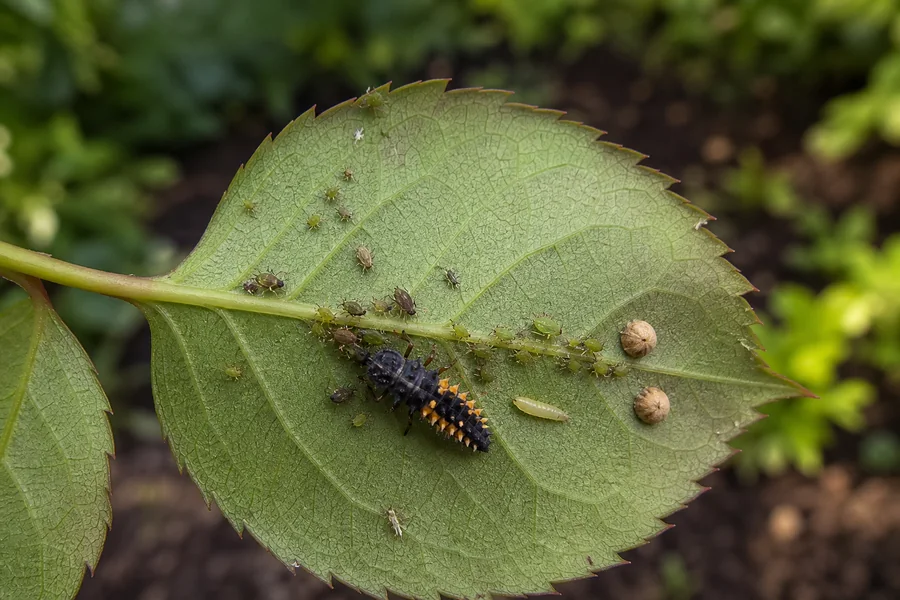 Lady beetle larva, hoverfly larva, live aphids, and two tan aphid mummies under a rose leaf