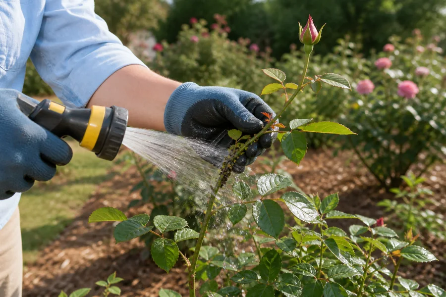 Gardener supporting a rose cane while spraying an aphid-covered shoot with a narrow fan of water