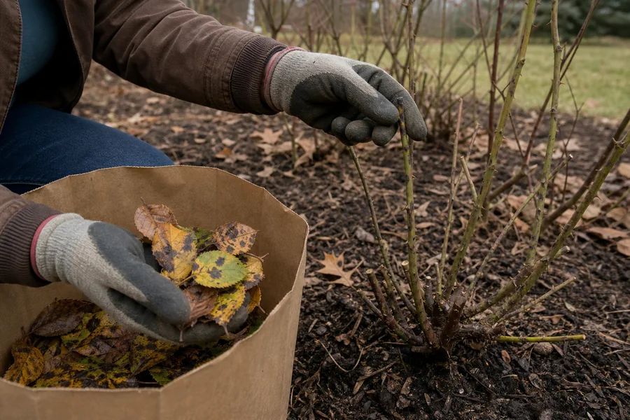 Gloved gardener placing spotted fallen rose leaves in a paper yard-waste bag while inspecting dormant canes