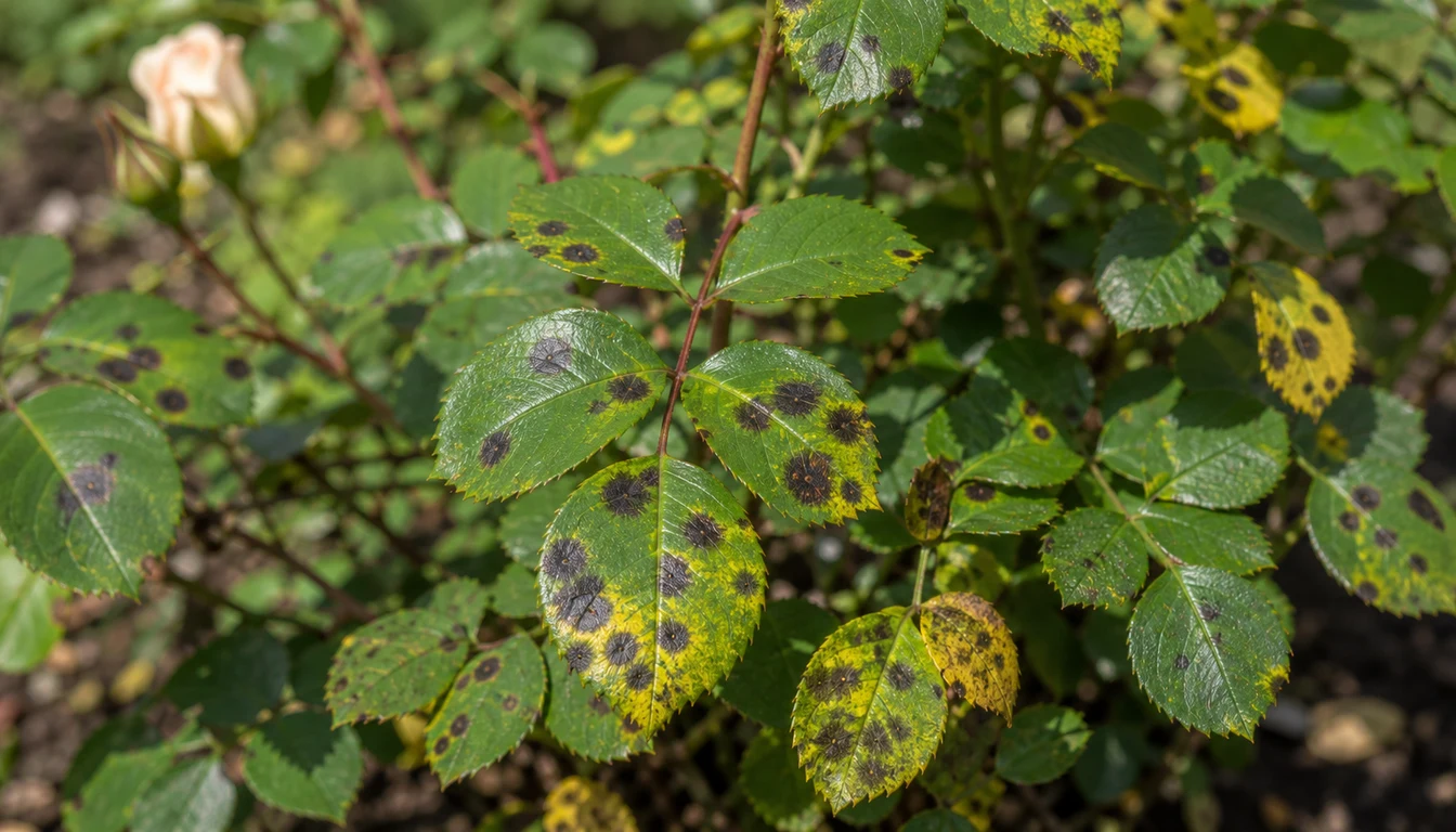Rose leaflets with feathery black lesions, yellow halos, and different stages of leaf yellowing