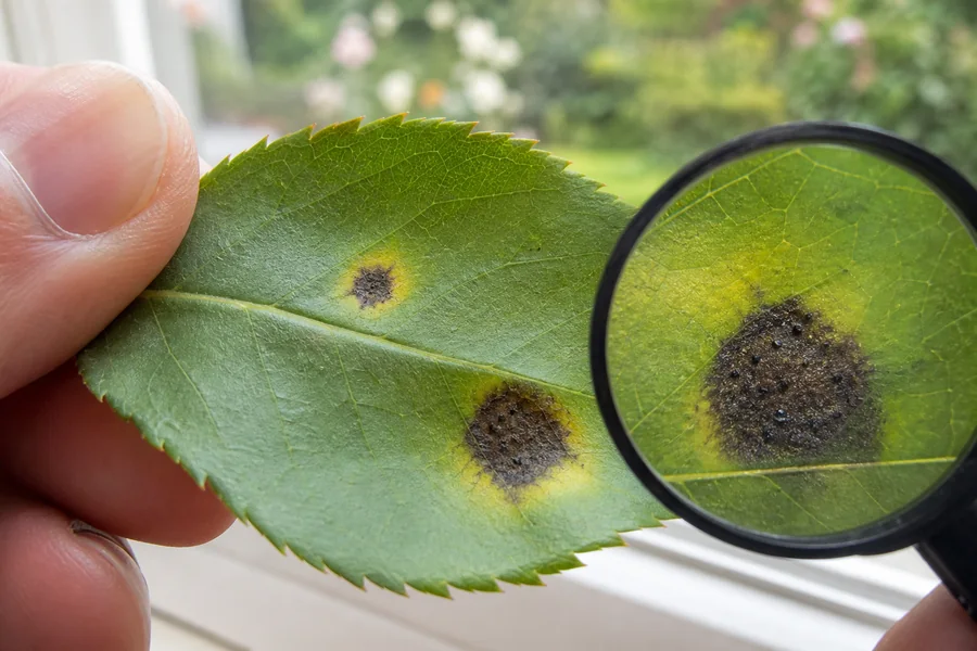Rose leaflet with feathery black lesions and tiny dark fruiting dots viewed through a hand lens
