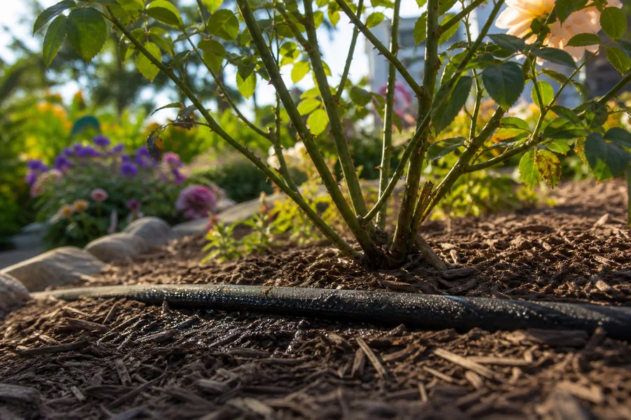Soaker hose watering mulch beneath an open rose canopy while the leaves stay dry in morning light
