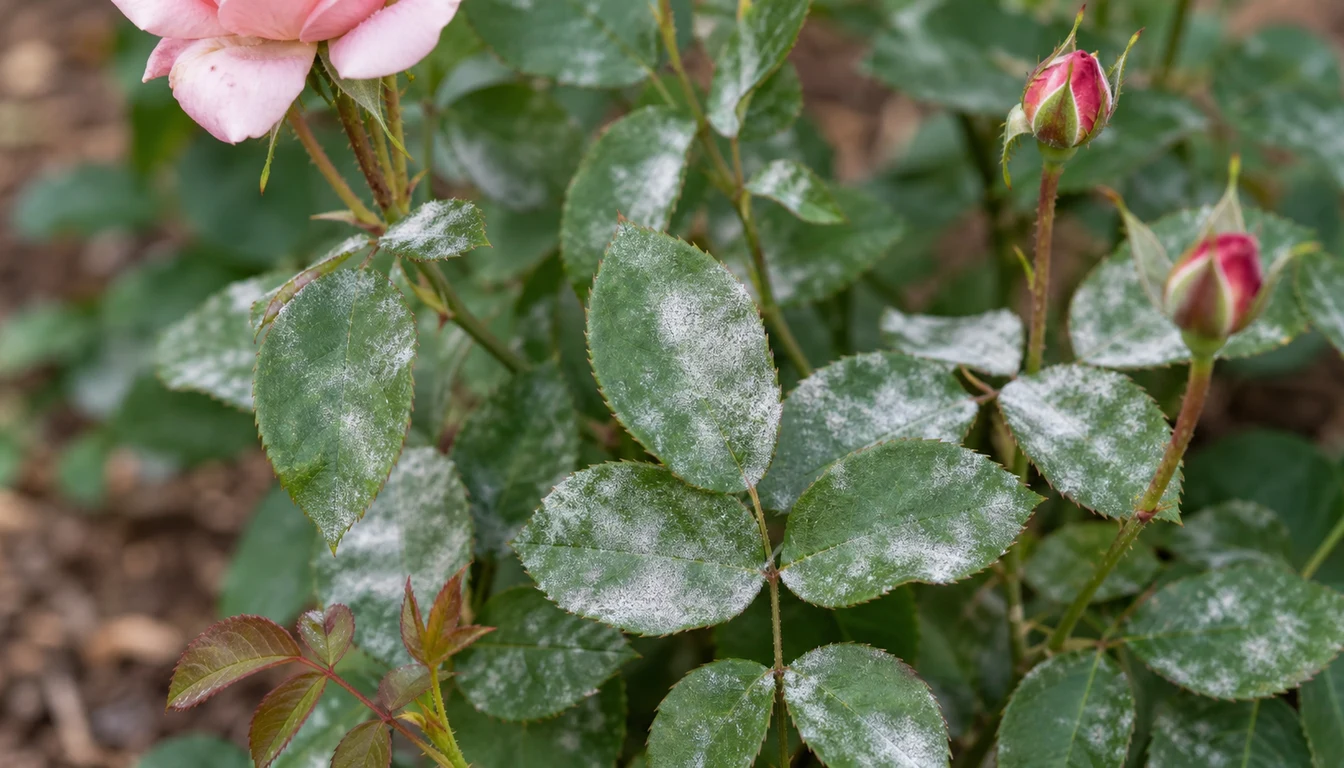 Rose leaflets and pink buds surrounded by irregular white powdery mildew colonies