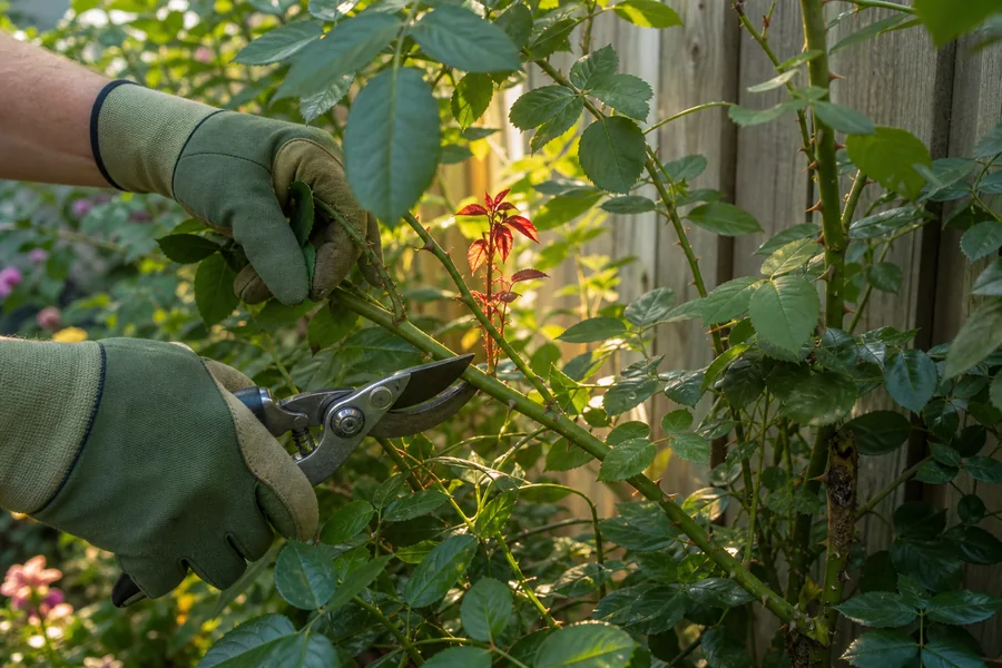 Gloved gardener using bypass pruners on one crossing rose cane as sunlight reaches a red inner shoot