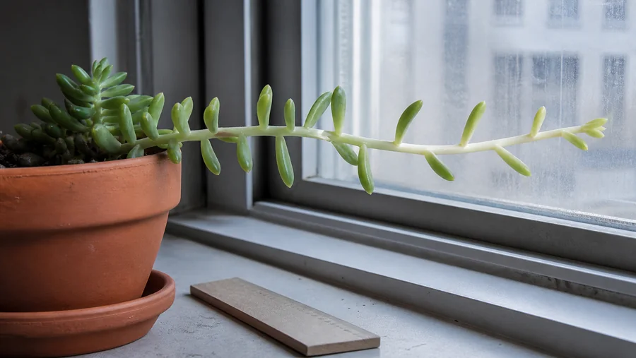 Sedum stem changing from close green leaf spacing at the base to pale widely spaced growth leaning toward a window