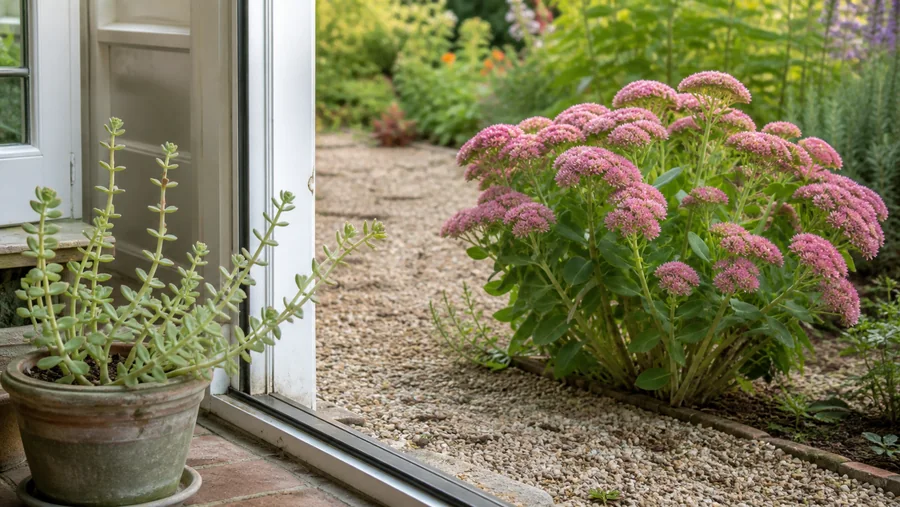 Pale stretched potted Sedum near a doorway beside a healthy upright stonecrop clump opening under flower weight