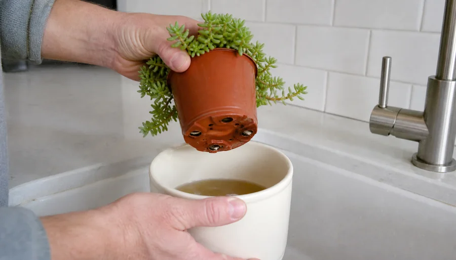 Nursery pot containing Sedum lifted above water trapped in a decorative cachepot