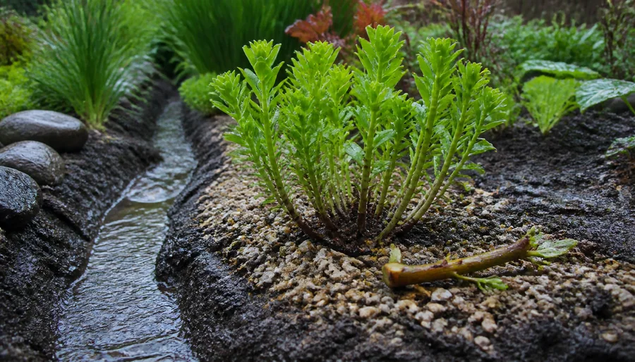 Garden Sedum crown raised above rain-darkened soil beside a shallow channel that carries runoff away