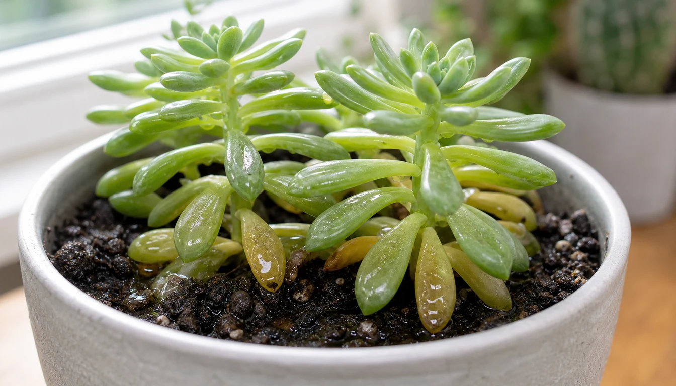 Potted Sedum with soft yellow translucent lower leaves above saturated dark potting mix