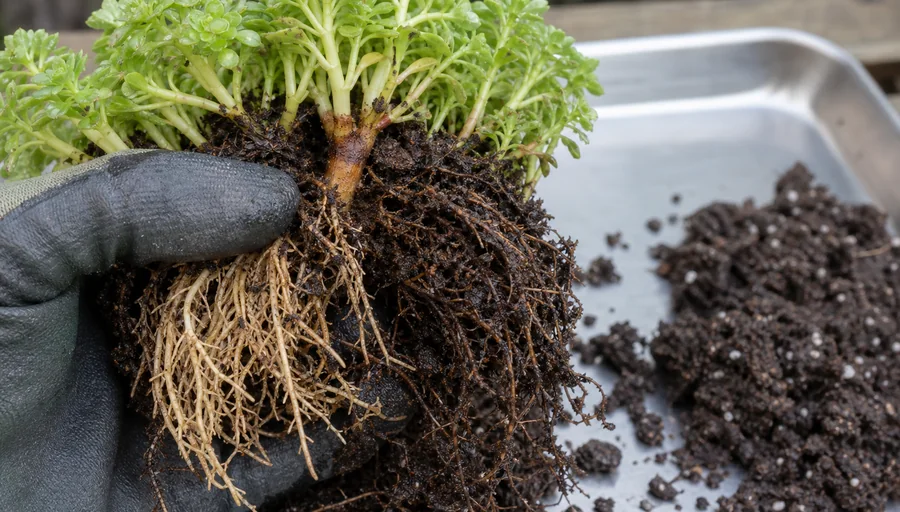 Sedum root ball opened to compare firm pale roots with brown soft rotten roots near the crown