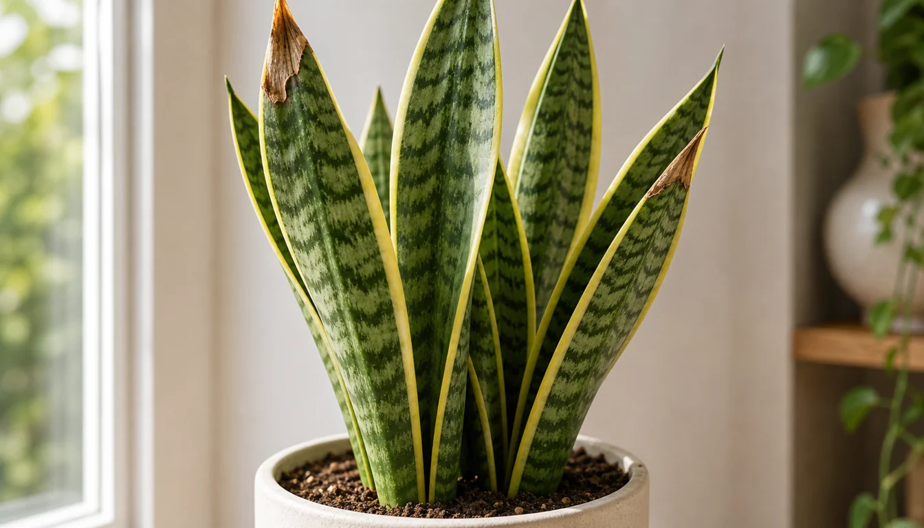 Two upright variegated Snake Plant leaves with dry papery brown tissue at their pointed tips