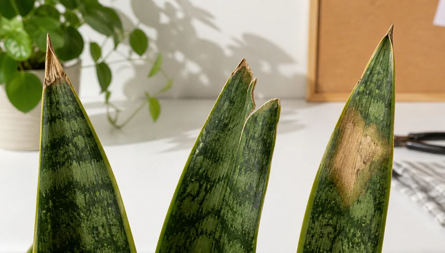 Three Snake Plant leaves with a crisp symmetric tip, a torn one-sided tip, and a tan sun-scorched patch below an intact point