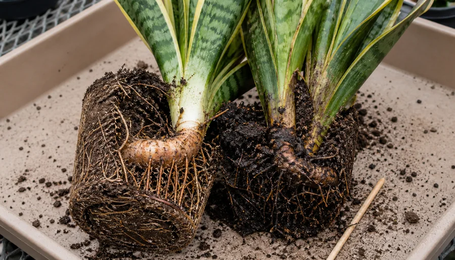 Opened Snake Plant root ball with firm pale roots in dry compact mix beside dark wet roots under a soft leaf base