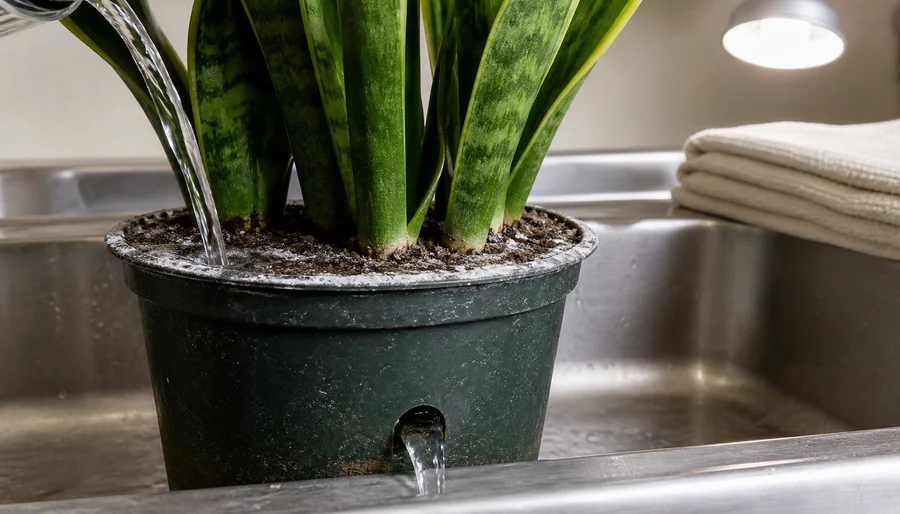 Thin white mineral crust on a Snake Plant pot rim while clear water flushes through the drainage hole