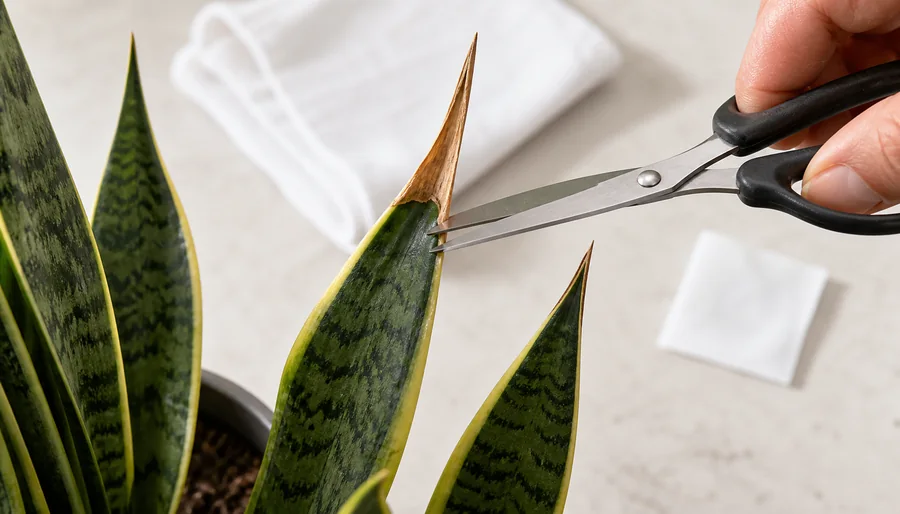 Narrow scissors following the pointed outline of a Snake Plant leaf while removing only dry brown tip tissue