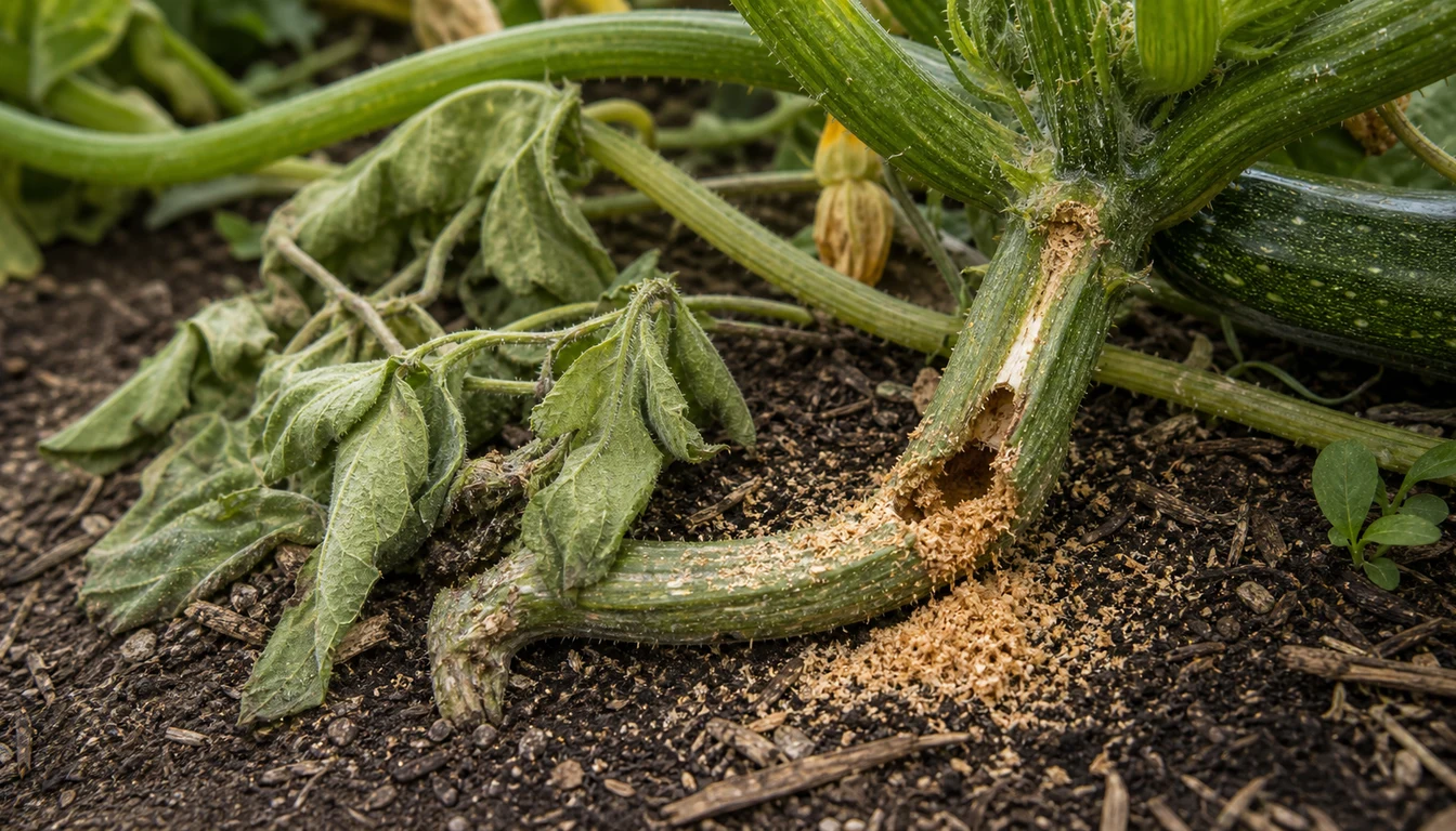 Wilted zucchini branch beside a hollow crown wound and coarse squash vine borer frass on dark soil