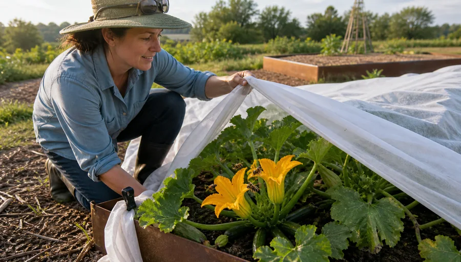 Gardener lifting a sealed row cover from flowering zucchini while bees visit newly exposed yellow blossoms