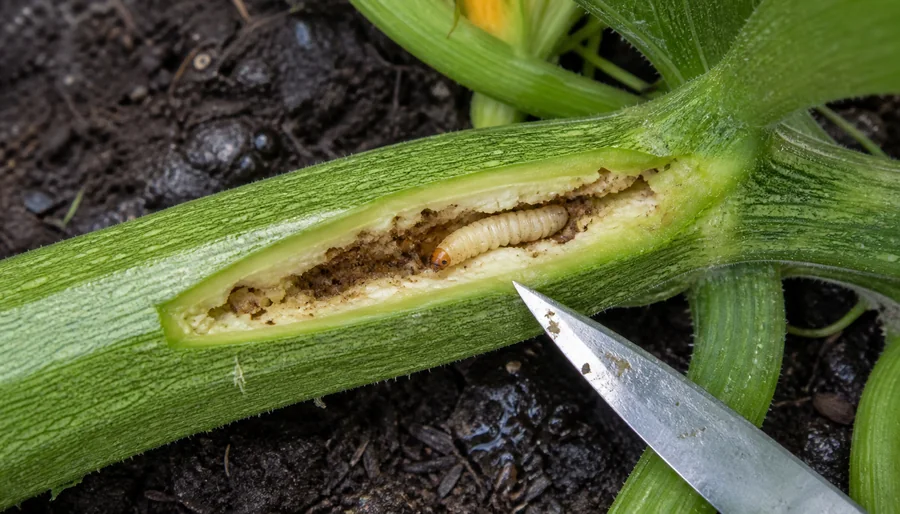 Zucchini stem slit lengthwise to expose a cream squash vine borer larva in a frass-lined tunnel