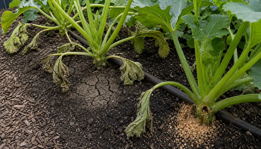 Three zucchini plants with frass at the front crown, cracked dry soil around the middle plant, and striped cucumber beetles on a rear wilted leaf