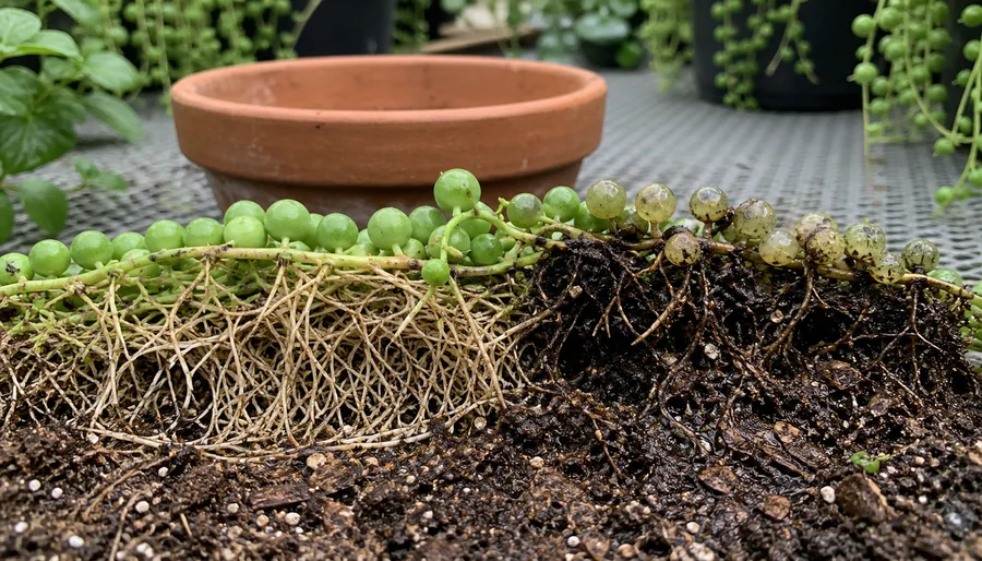 Shallow String of Pearls root mat showing firm pale roots and crown beside brown soft roots under a dark pinched crown