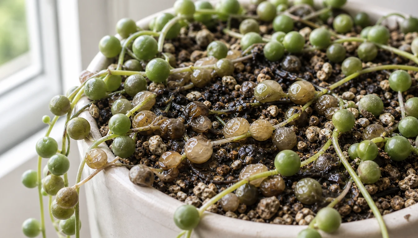 Translucent olive pearls and dark soft String of Pearls stems lying across wet gritty potting mix
