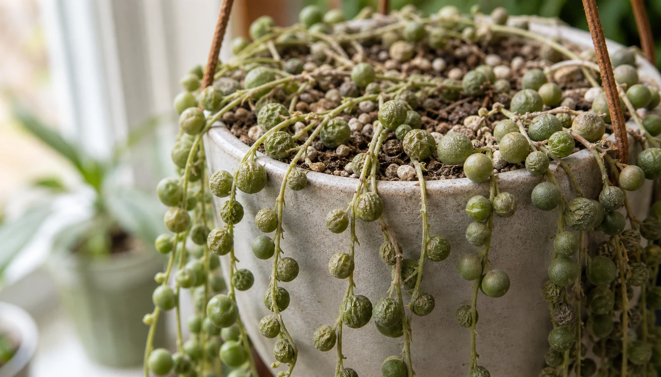 Wrinkled olive-green String of Pearls leaves attached to flexible green stems above dry gritty mix