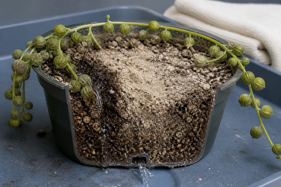 Water following a gap beside a contracted String of Pearls root ball while the pale center remains dry