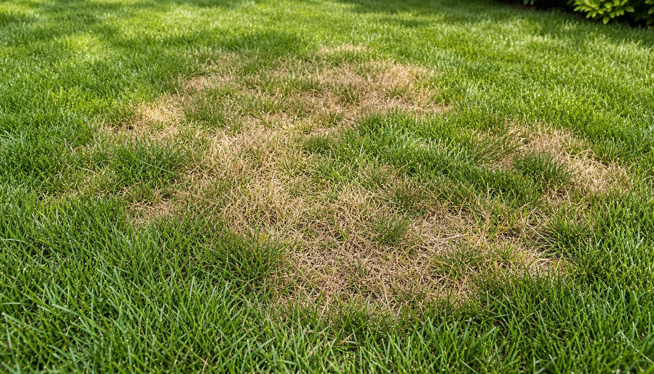 Several irregular tan patches spread through an otherwise green tall fescue lawn