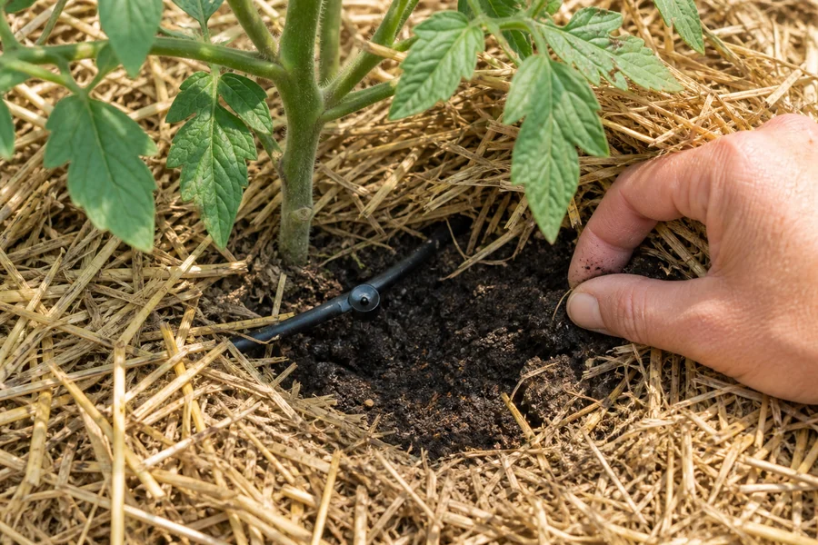 Gardener checking damp soil beneath straw mulch beside a drip emitter without disturbing the tomato stem