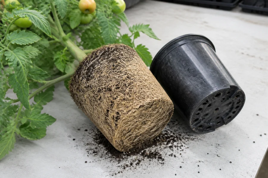 Tomato root ball slid from a small nursery pot with dense pale roots circling nearly the entire outside
