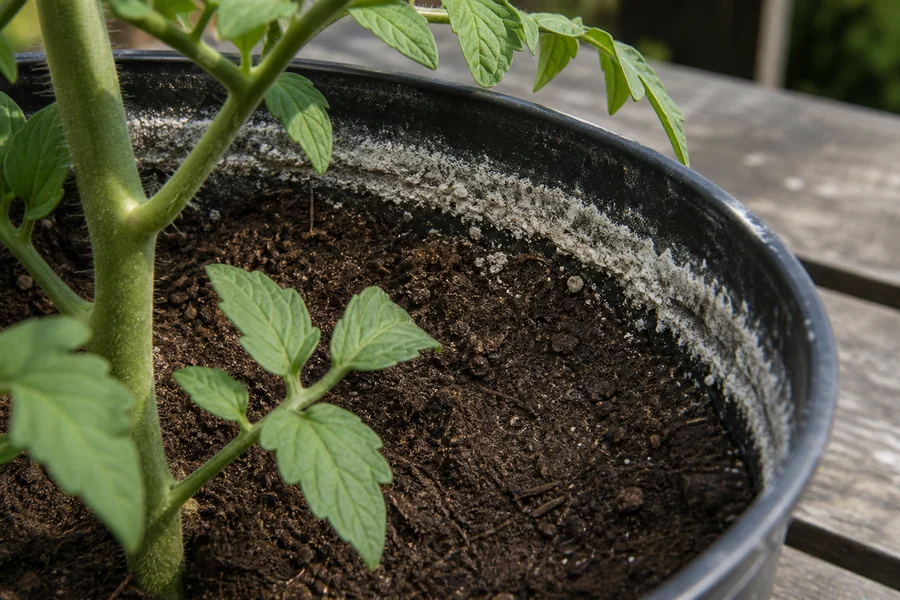 Chalky white mineral crust forming a tide line along the inner rim of a tomato container above mostly dark potting mix