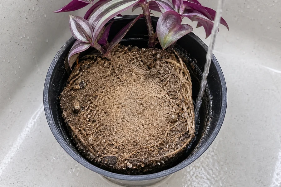 Tradescantia zebrina root ball with dry contracted mix pulled from the pot wall and dense pale roots circling the outside