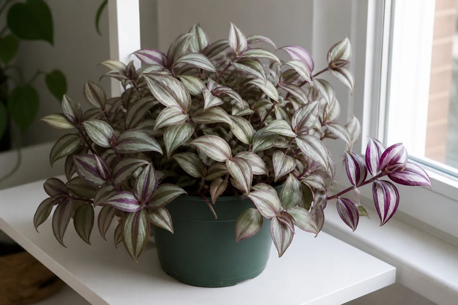 Compact Tradescantia zebrina with a pale faded canopy beside one shoot retaining saturated silver-purple stripes