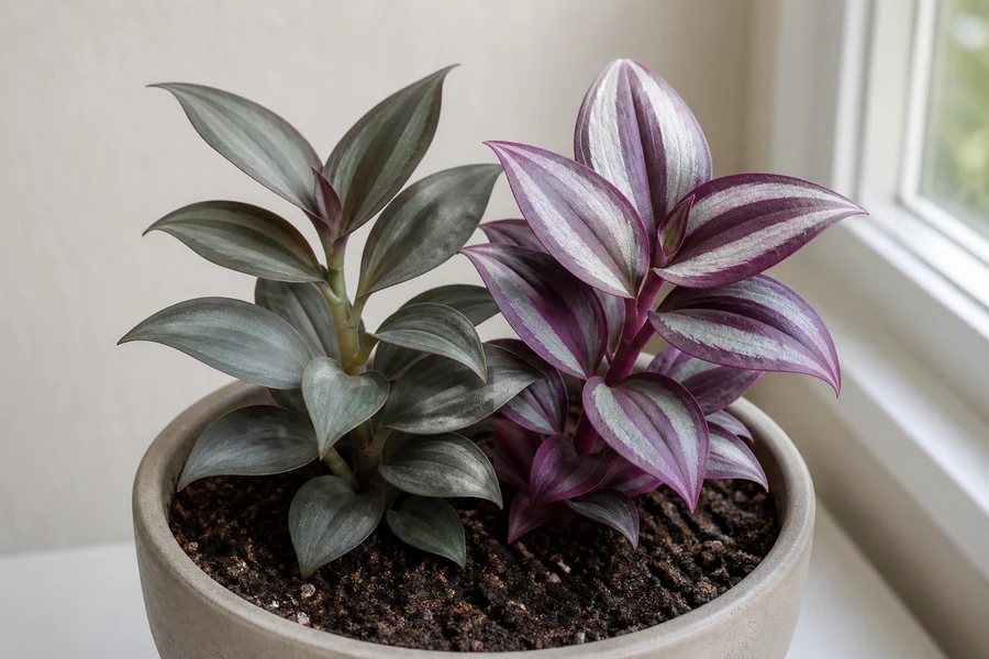 Two Tradescantia zebrina shoots in one pot with pale weak stripes on the shaded shoot and saturated silver-purple stripes on the window-facing shoot