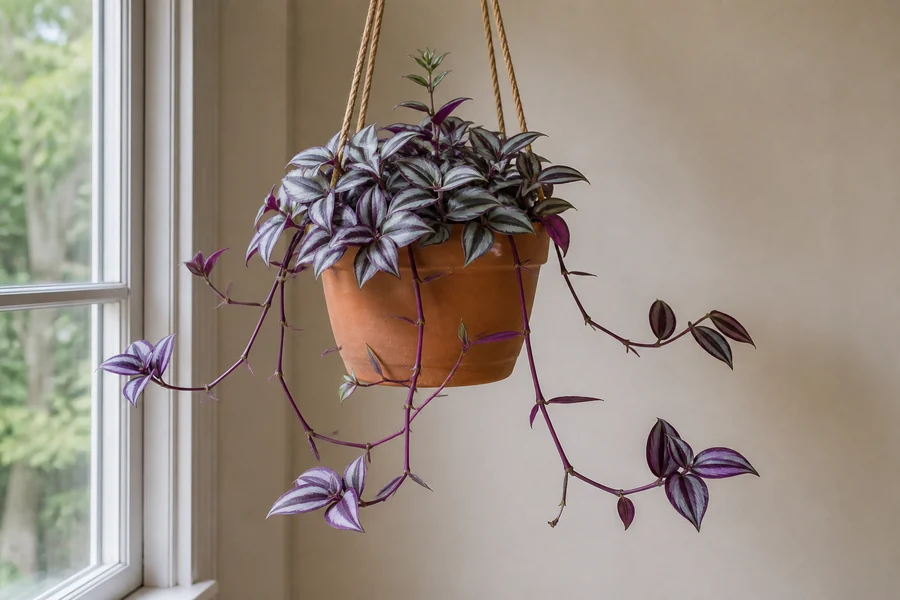 Tradescantia zebrina pot with long bare internodes beside one compact leafy comparison shoot