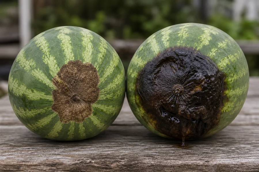 Two watermelons on a garden bench, one with a localized dry brown blossom-end lesion and one with broad black wet collapse and leaking fluid