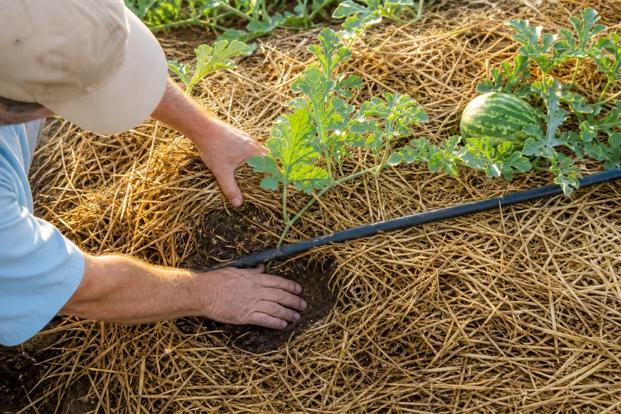 Gardener checking soil beneath mulch at two points between a watermelon crown and a developing fruit beside a soaker hose