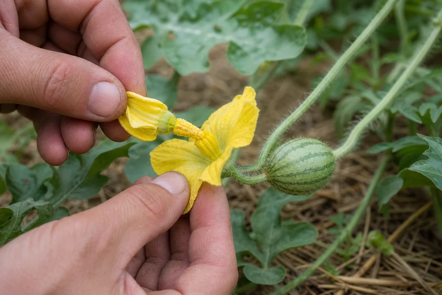 Gardener touching a stripped-back male watermelon flower to a female flower attached beside a developing ovary
