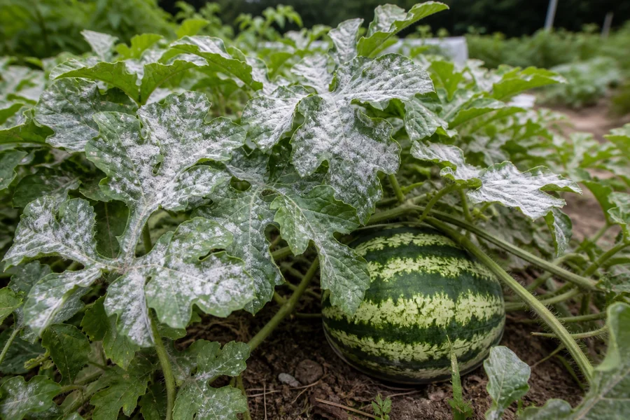 Watermelon canopy with expanding white powdery mildew colonies on leaves and a fruit beneath