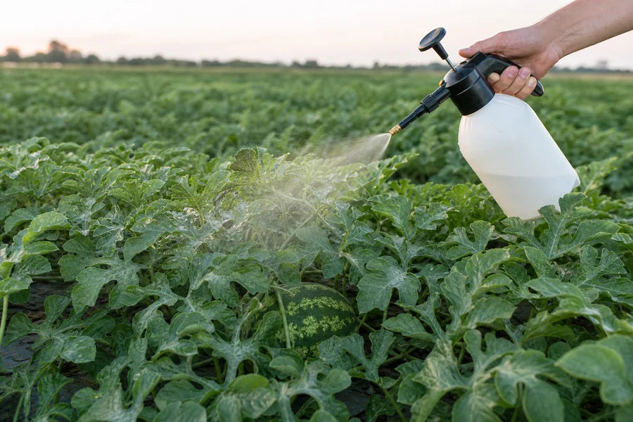 Handheld pump sprayer applying a fine even mist across a watermelon canopy in an open field