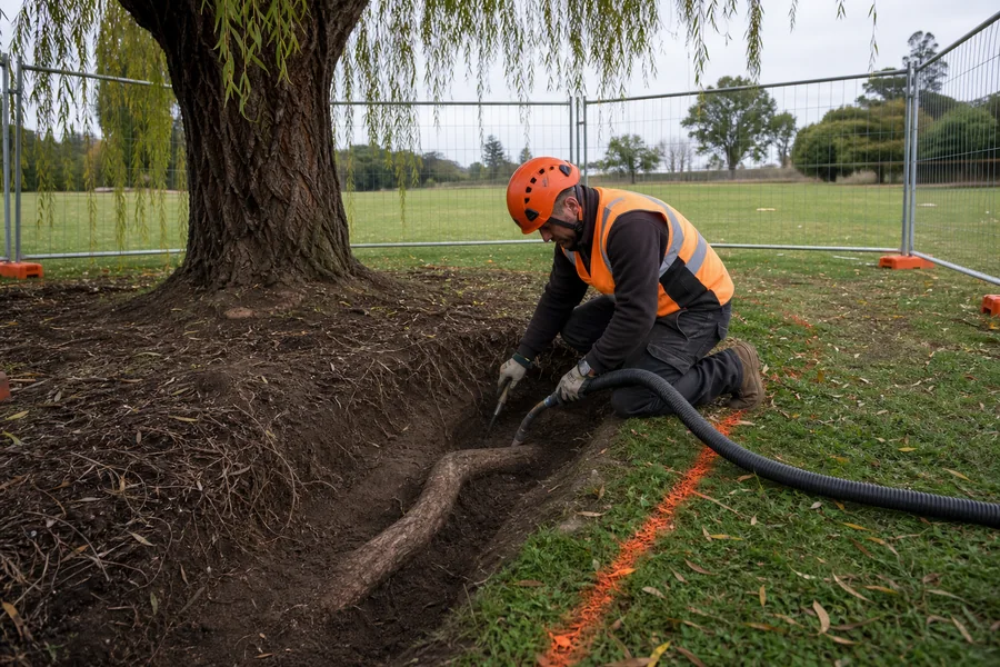Arborist using an air-excavation tool to uncover an intact willow root beside a marked trench line