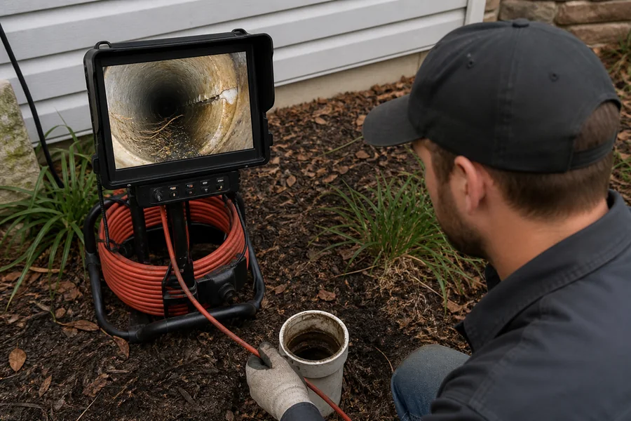 Plumber viewing fine roots at a cracked joint on a sewer camera monitor beside an open cleanout