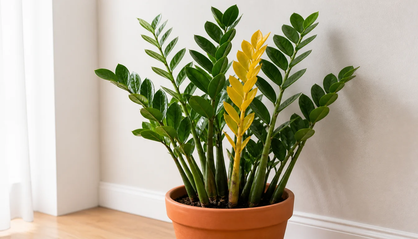 A ZZ plant in a terracotta pot with one whole stalk yellowed from the base upward standing among several glossy dark green stalks
