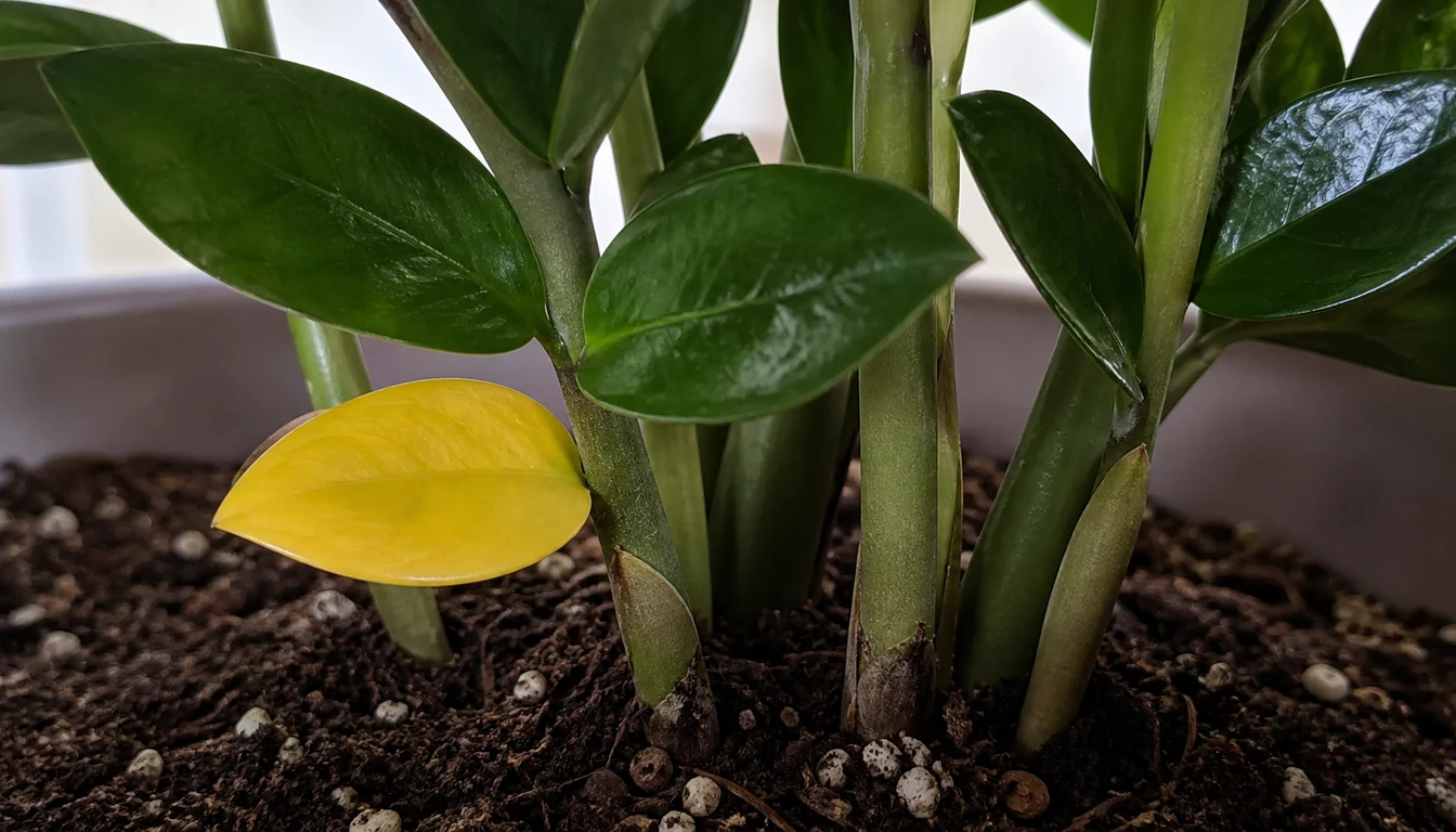 The base of a healthy ZZ plant where one lowest leaflet on the oldest stalk is fully yellow and still firm, with every leaflet above it glossy dark green